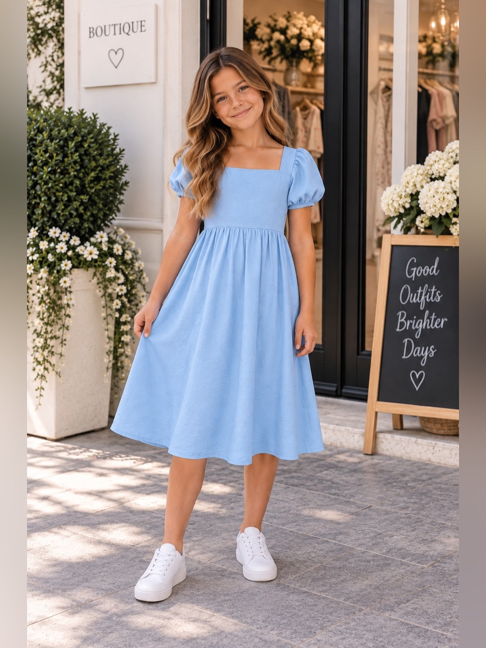 YOVION Girls Smocked Dress Puff Sleeve Tie Back Dress - Girls Dress Size 8-9YR